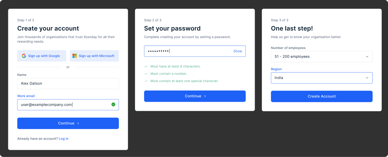 3-step lightweight signup with create account, set password, organisation details